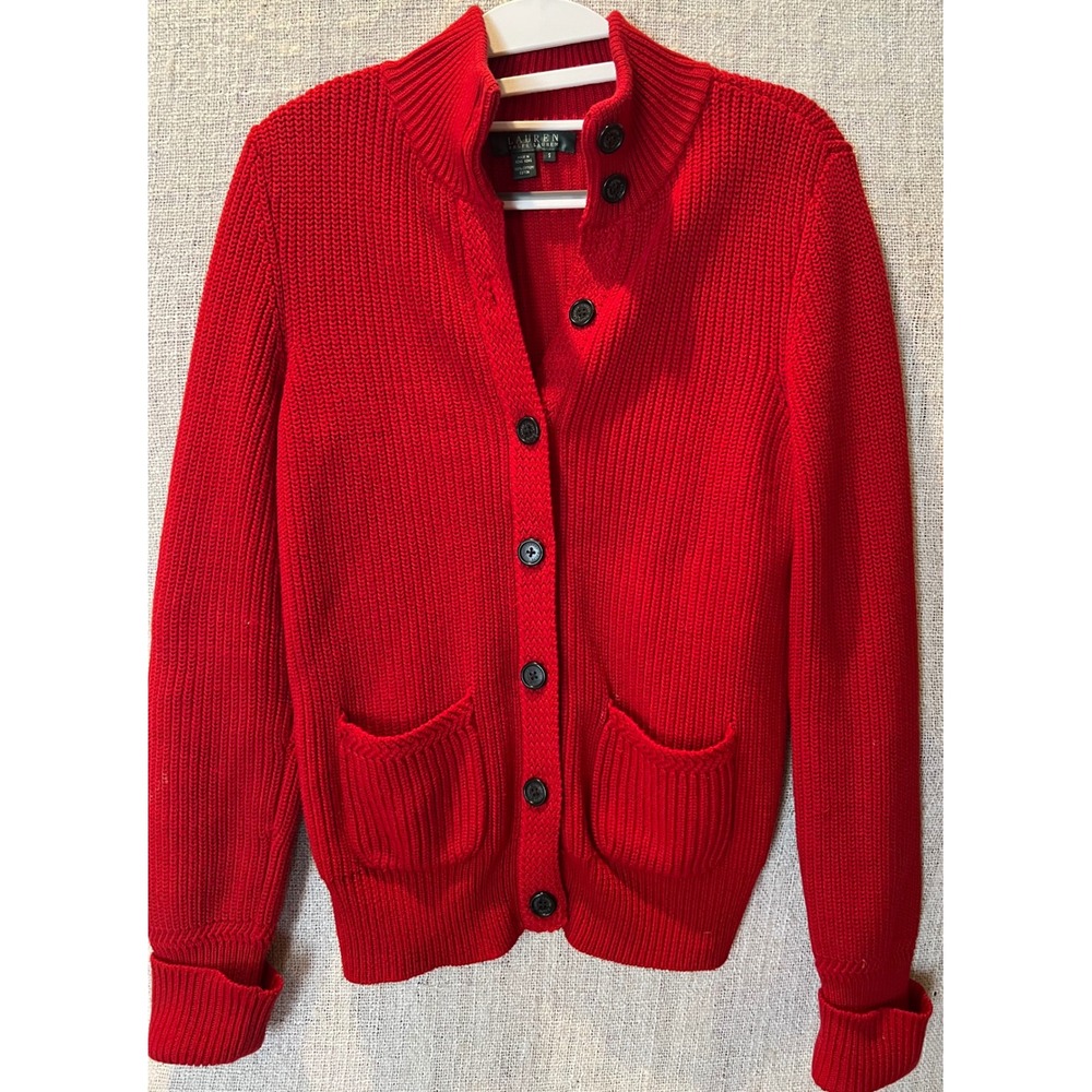 Lauren Ralph Lauren Red ShakerStitch Cotton ButtonFront Cardigan Sweater Women S